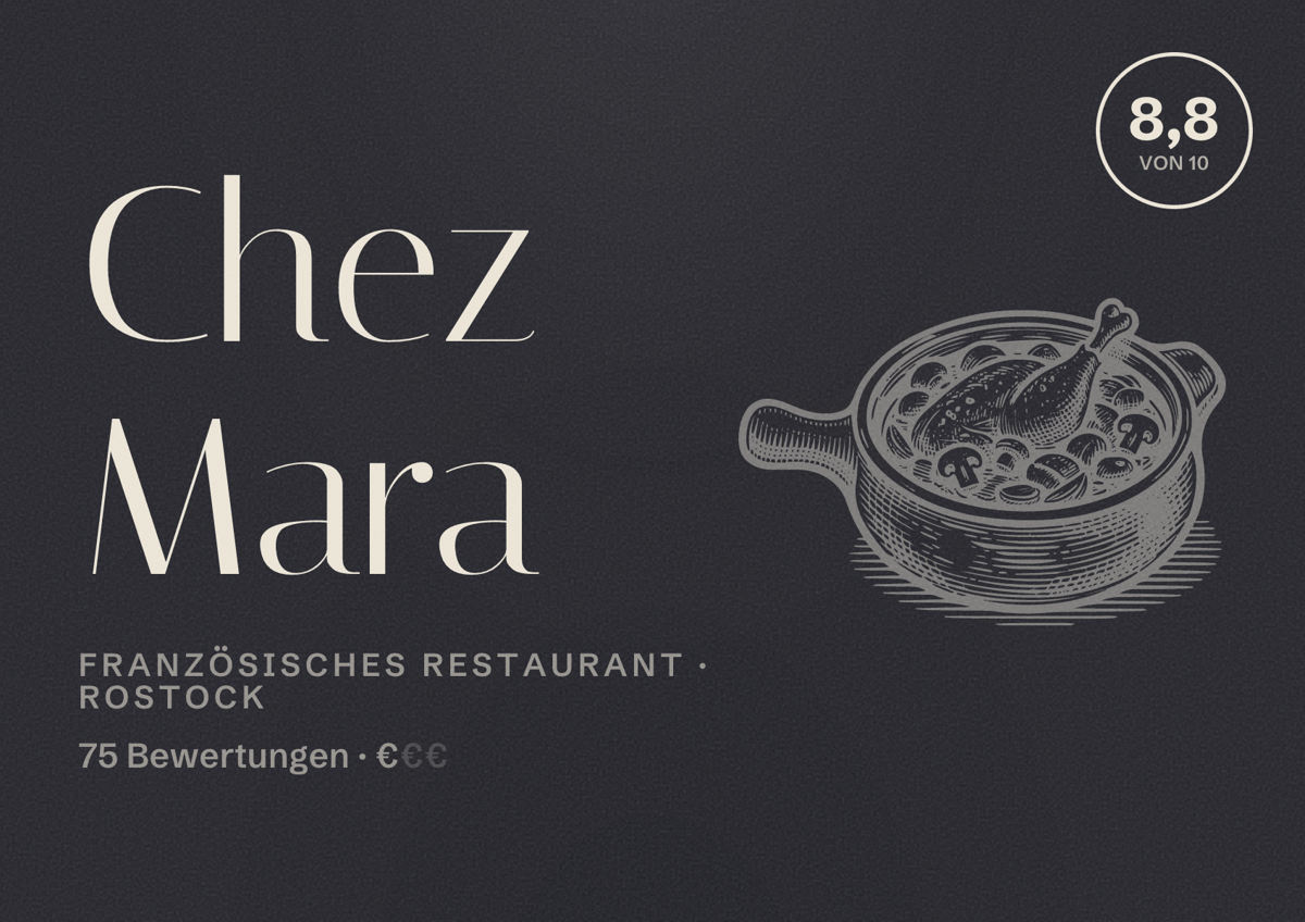 Illustriertes Poster von Chez Mara, Französisches Restaurant in Rostock: Bewertung 8,8 von 10 aus 75 Bewertungen, Preisniveau €