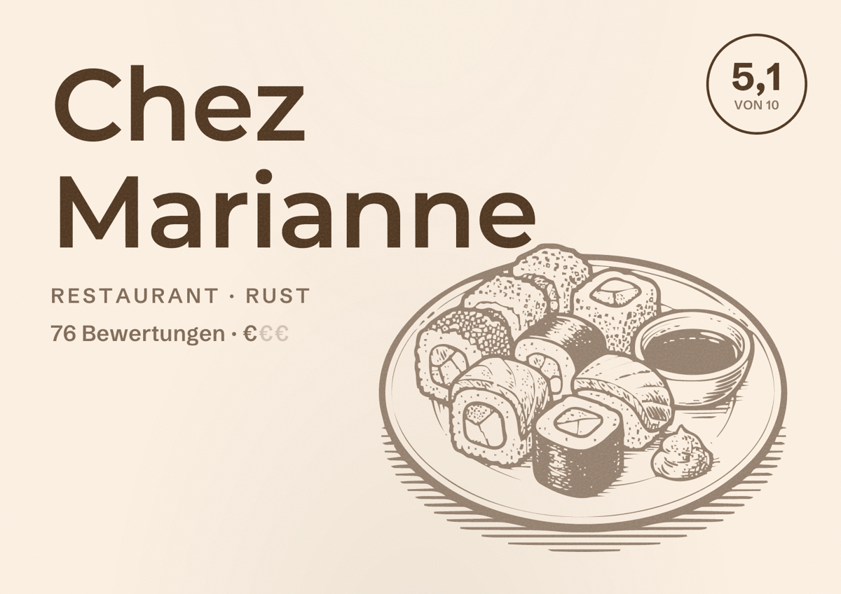 Illustriertes Poster von Chez Marianne, Restaurant in Rust: Bewertung 5,1 von 10 aus 76 Bewertungen, Preisniveau €