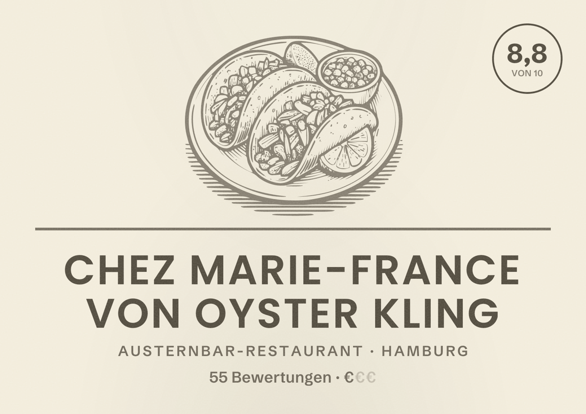 Illustriertes Poster von Chez Marie-France von Oyster Kling, Austernbar-Restaurant in Hamburg: Bewertung 8,8 von 10 aus 55 Bewertungen, Preisniveau €