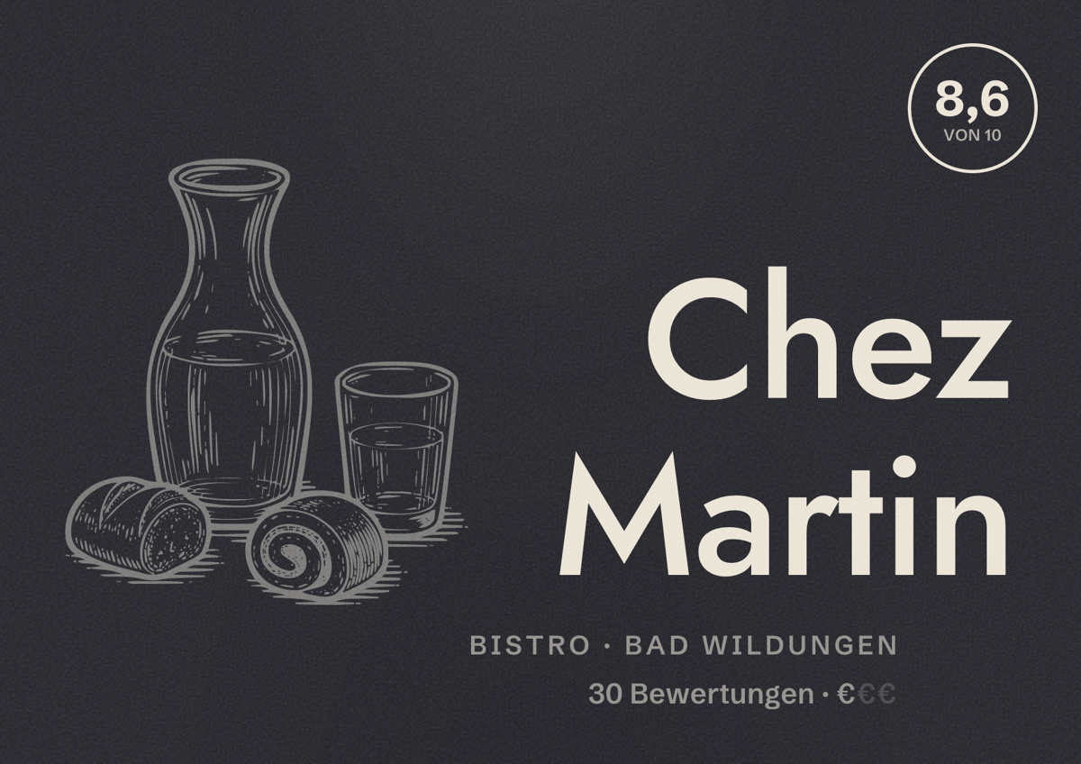 Illustriertes Poster von Chez Martin, Bistro in Bad Wildungen: Bewertung 8,6 von 10 aus 30 Bewertungen, Preisniveau €