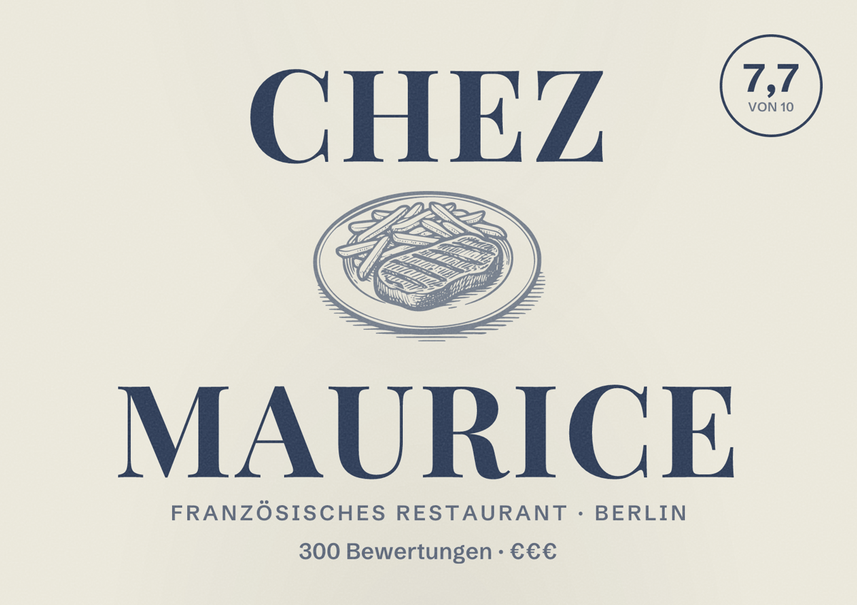Illustriertes Poster von Chez Maurice, Französisches Restaurant in Berlin: Bewertung 7,7 von 10 aus 300 Bewertungen, Preisniveau €€€