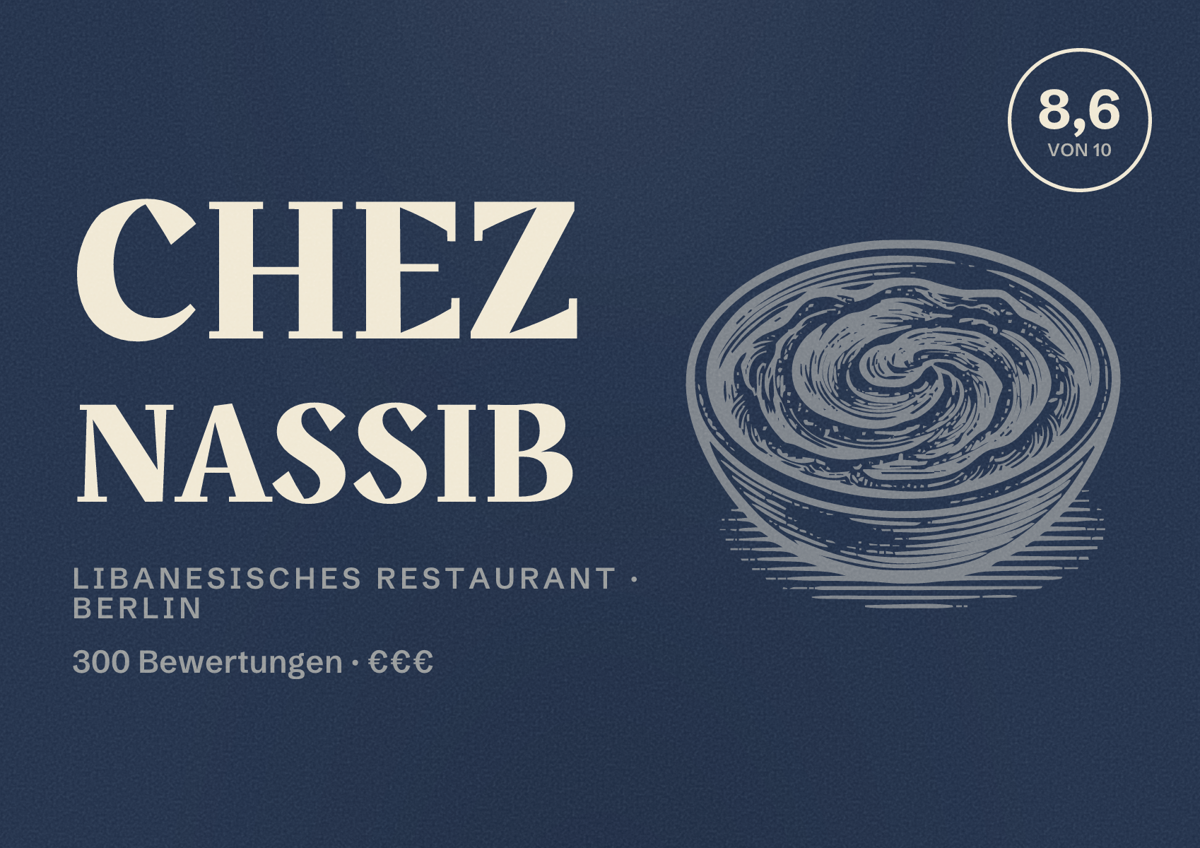 Illustriertes Poster von CHEZ NASSIB, Libanesisches Restaurant in Berlin: Bewertung 8,6 von 10 aus 300 Bewertungen, Preisniveau €€€