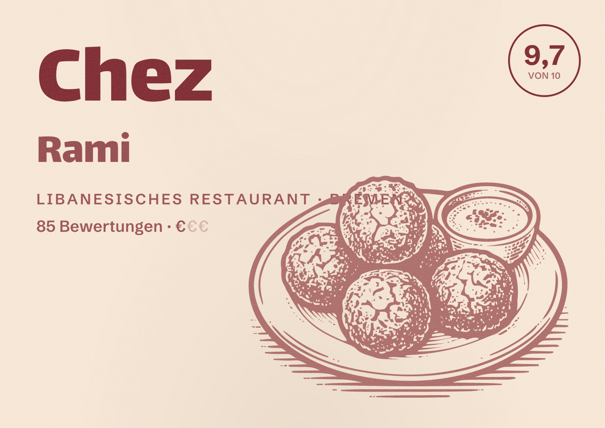 Illustriertes Poster von Chez Rami, Libanesisches Restaurant in Bremen: Bewertung 9,7 von 10 aus 85 Bewertungen, Preisniveau €