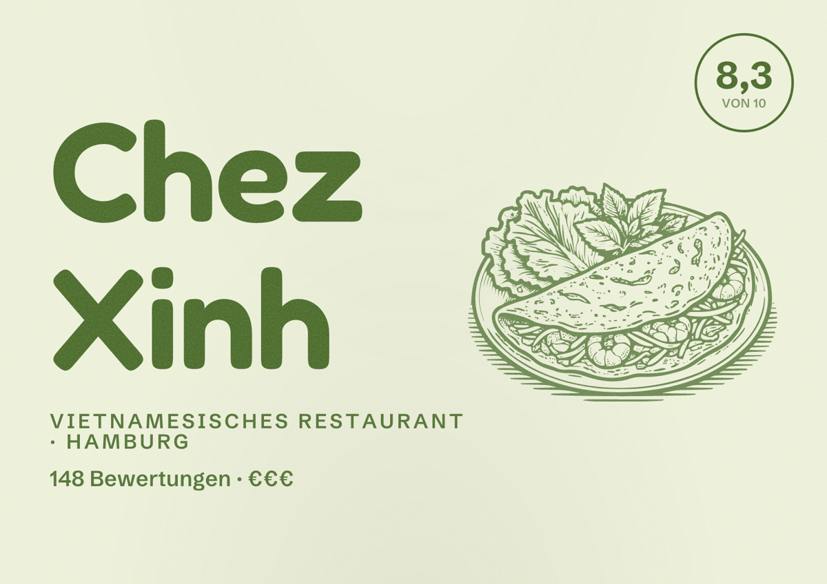 Illustriertes Poster von Chez Xinh, Vietnamesisches Restaurant in Hamburg: Bewertung 8,3 von 10 aus 148 Bewertungen, Preisniveau €€€