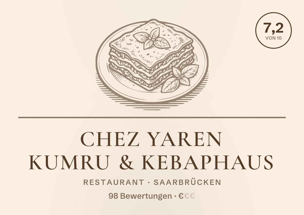 Illustriertes Poster von CHEZ YAREN Kumru & Kebaphaus, Restaurant in Saarbrücken: Bewertung 7,2 von 10 aus 98 Bewertungen, Preisniveau €