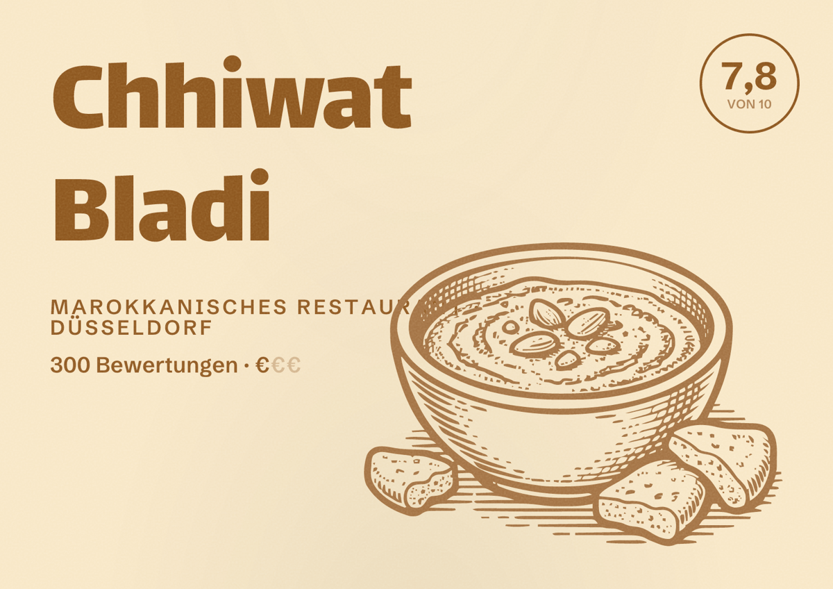 Illustriertes Poster von Chhiwat Bladi, Marokkanisches Restaurant in Düsseldorf: Bewertung 7,8 von 10 aus 300 Bewertungen, Preisniveau €