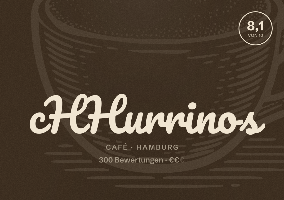 Illustriertes Poster von cHHurrinos, Café in Hamburg: Bewertung 8,1 von 10 aus 300 Bewertungen, Preisniveau €€