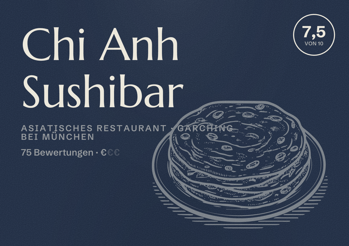 Illustriertes Poster von Chi Anh Sushibar, Asiatisches Restaurant in Garching bei München: Bewertung 7,5 von 10 aus 75 Bewertungen, Preisniveau €