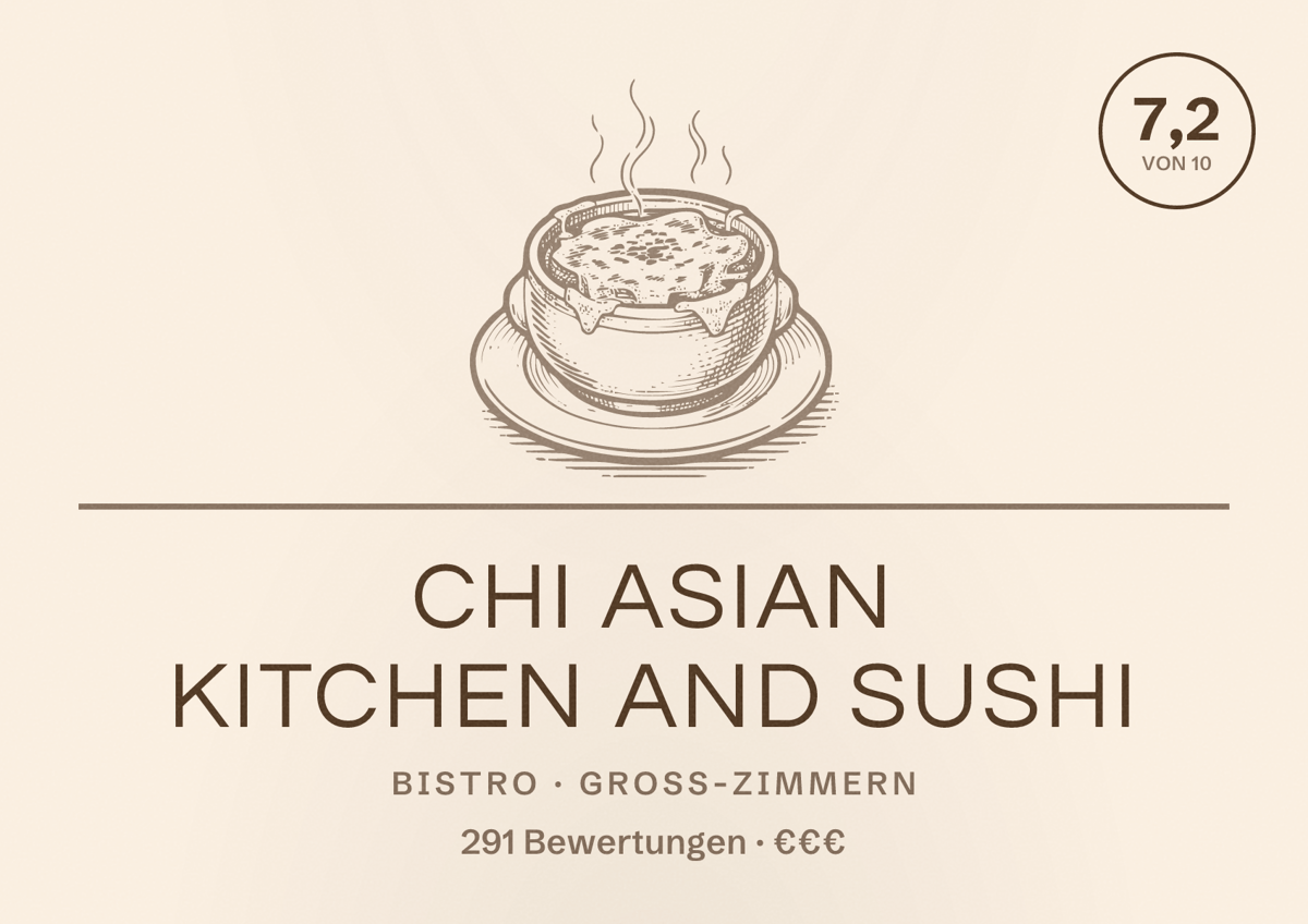 Illustriertes Poster von Chi Asian Kitchen and Sushi, Bistro in Groß-Zimmern: Bewertung 7,2 von 10 aus 291 Bewertungen, Preisniveau €€€