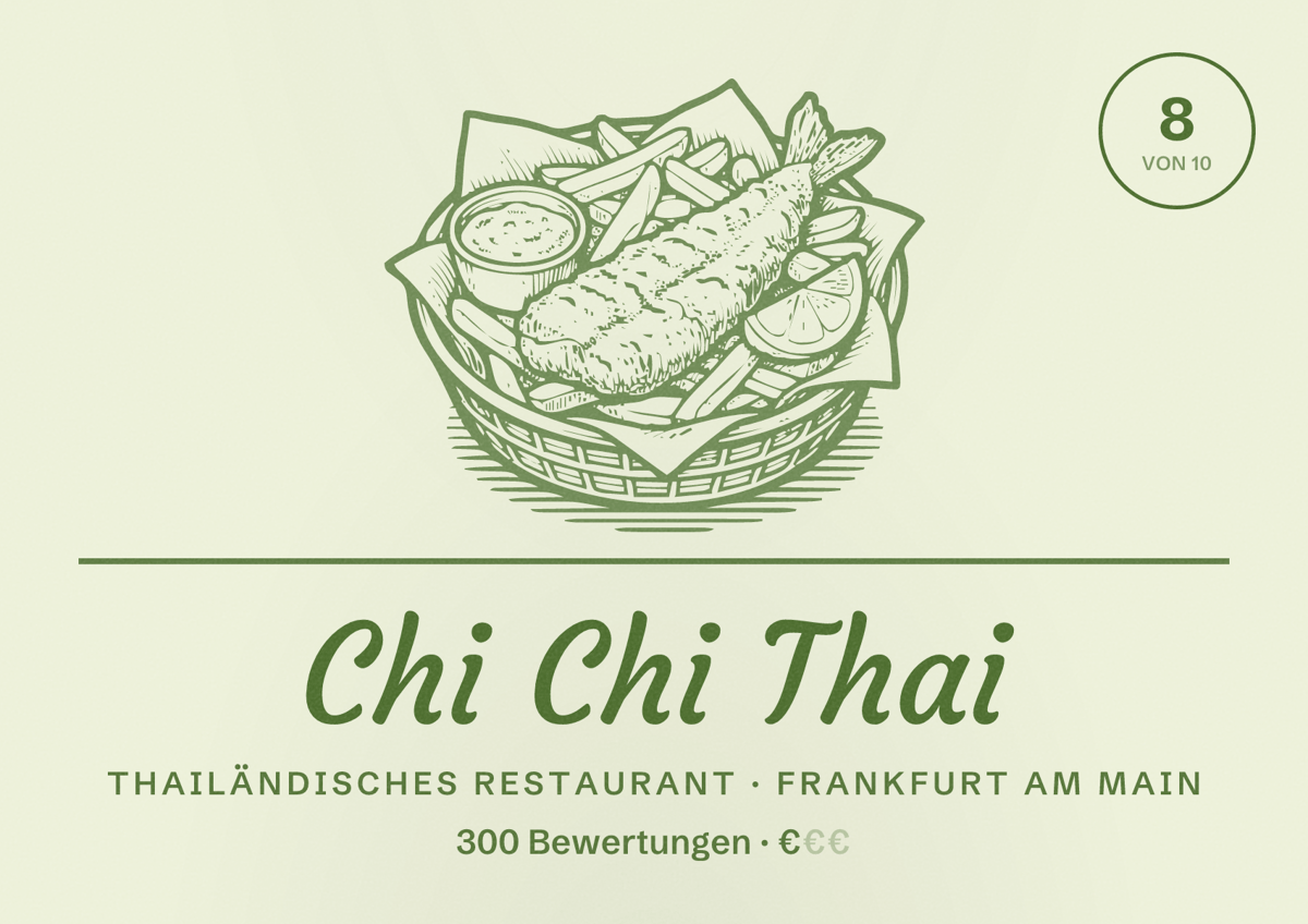 Illustriertes Poster von Chi Chi Thai, Thailändisches Restaurant in Frankfurt am Main: Bewertung 8,0 von 10 aus 300 Bewertungen, Preisniveau €