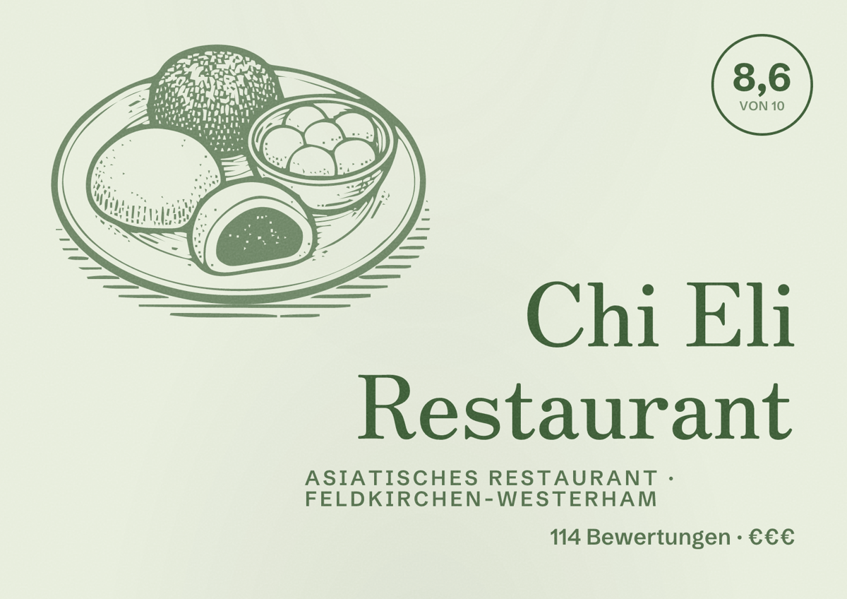 Illustriertes Poster von Chi Eli Restaurant, Asiatisches Restaurant in Feldkirchen-Westerham: Bewertung 8,6 von 10 aus 114 Bewertungen, Preisniveau €€€