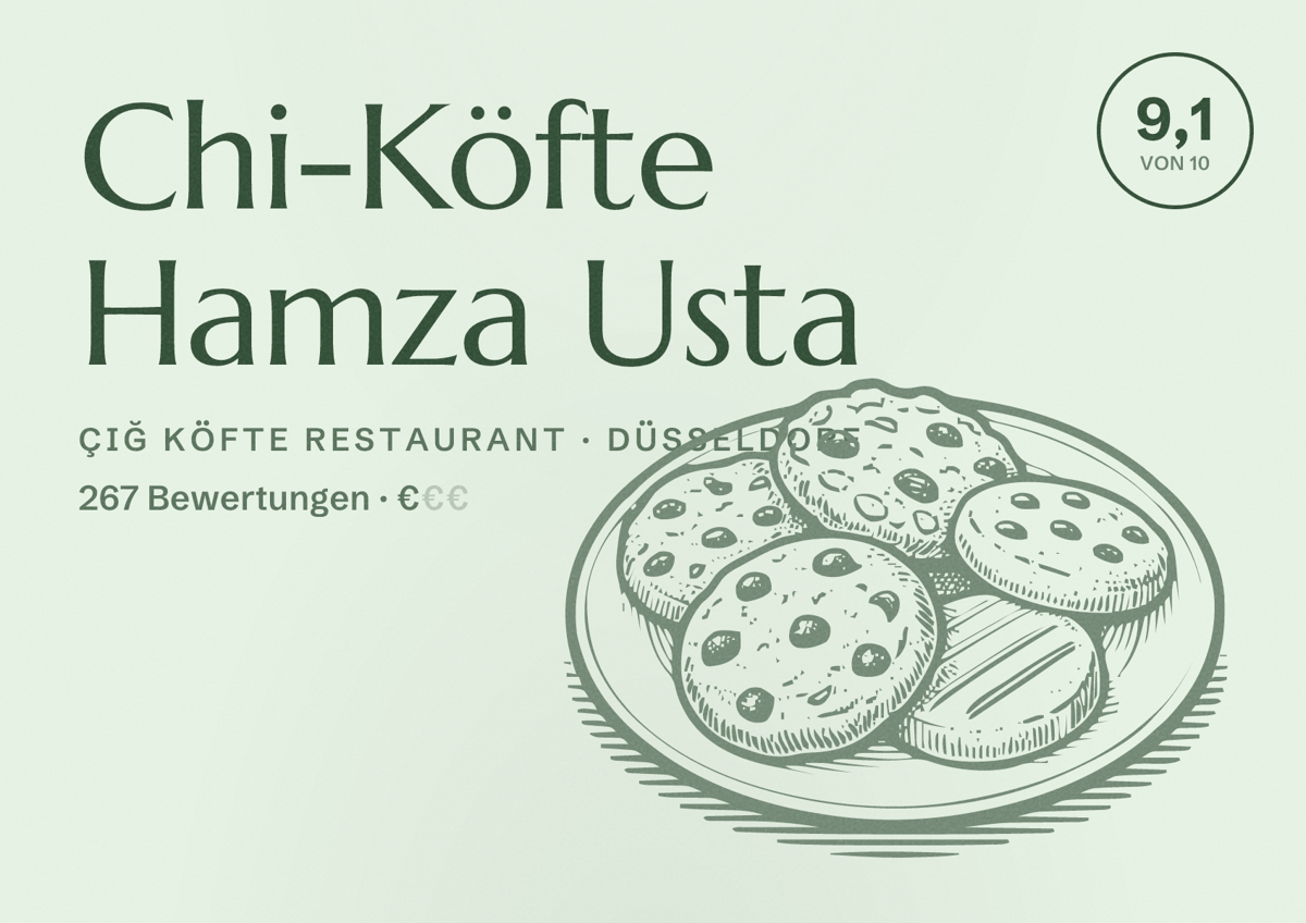 Illustriertes Poster von Chi-Köfte Hamza Usta, Çiğ Köfte Restaurant in Düsseldorf: Bewertung 9,1 von 10 aus 267 Bewertungen, Preisniveau €