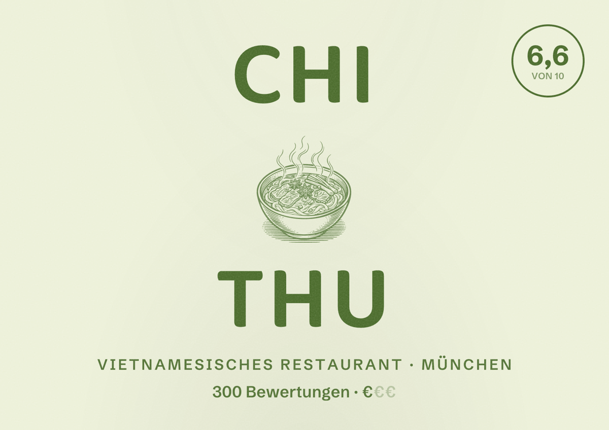Illustriertes Poster von Chi thu, Vietnamesisches Restaurant in München: Bewertung 6,6 von 10 aus 300 Bewertungen, Preisniveau €