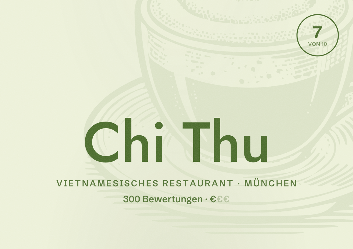 Illustriertes Poster von Chi Thu, Vietnamesisches Restaurant in München: Bewertung 7,0 von 10 aus 300 Bewertungen, Preisniveau €