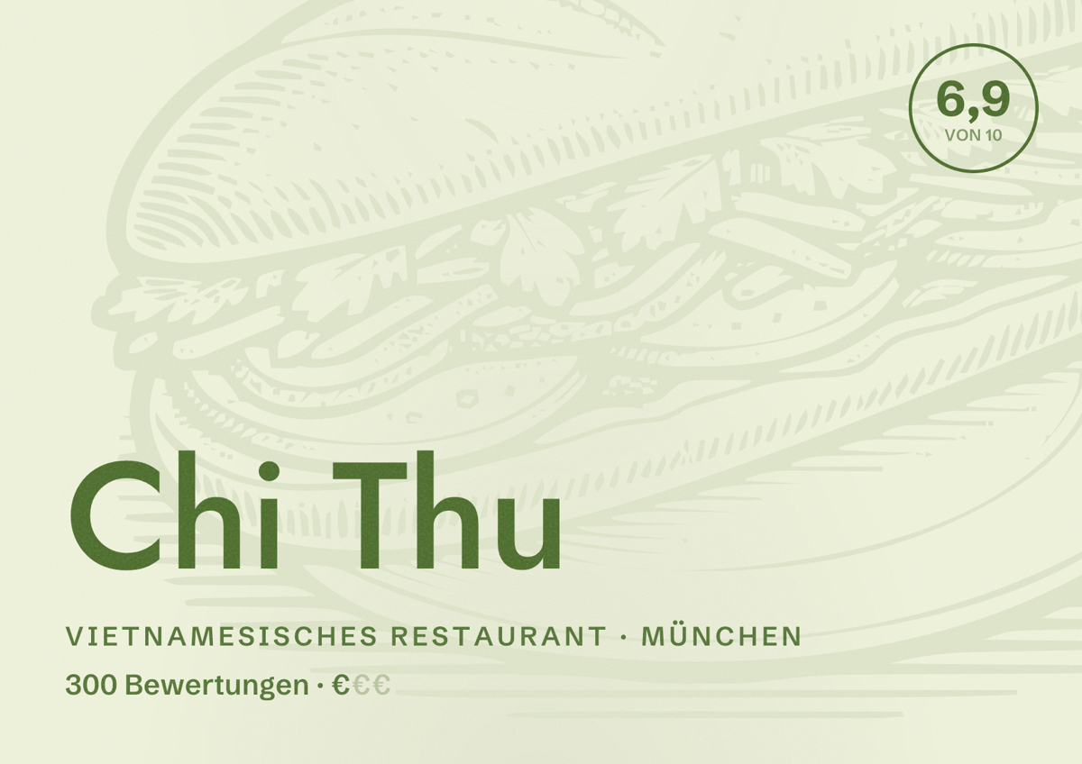 Illustriertes Poster von Chi Thu, Vietnamesisches Restaurant in München: Bewertung 6,9 von 10 aus 300 Bewertungen, Preisniveau €