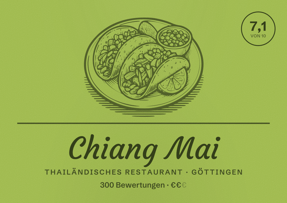 Illustriertes Poster von Chiang Mai, Thailändisches Restaurant in Göttingen: Bewertung 7,1 von 10 aus 300 Bewertungen, Preisniveau €€