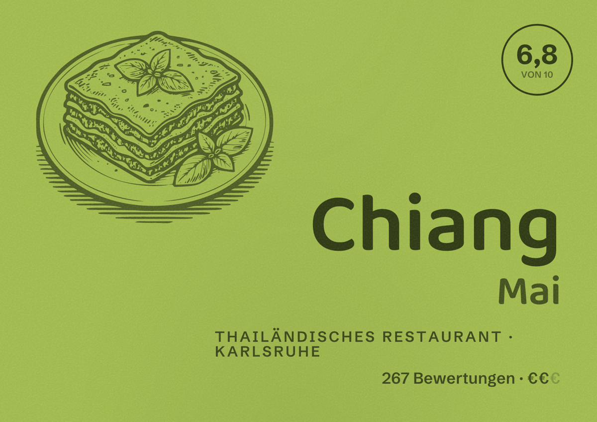 Illustriertes Poster von Chiang Mai, Thailändisches Restaurant in Karlsruhe: Bewertung 6,8 von 10 aus 267 Bewertungen, Preisniveau €€