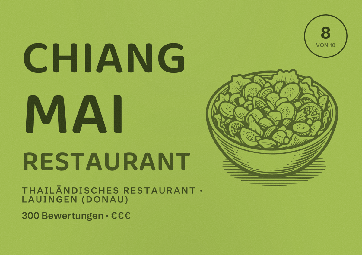 Illustriertes Poster von Chiang Mai Restaurant, Thailändisches Restaurant in Lauingen (Donau): Bewertung 8 von 10 aus 300 Bewertungen, Preisniveau €€€