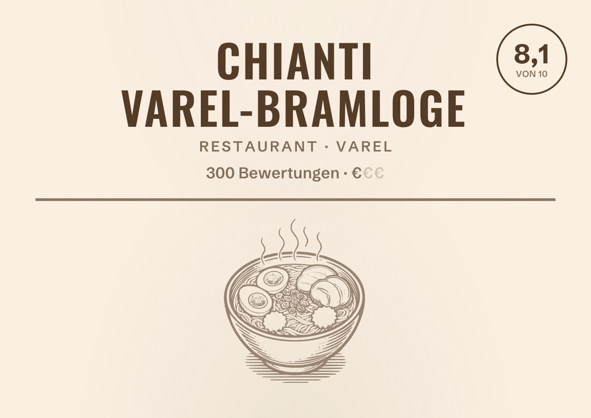 Illustriertes Poster von Chianti Varel-Bramloge, Restaurant in Varel: Bewertung 8,1 von 10 aus 300 Bewertungen, Preisniveau €