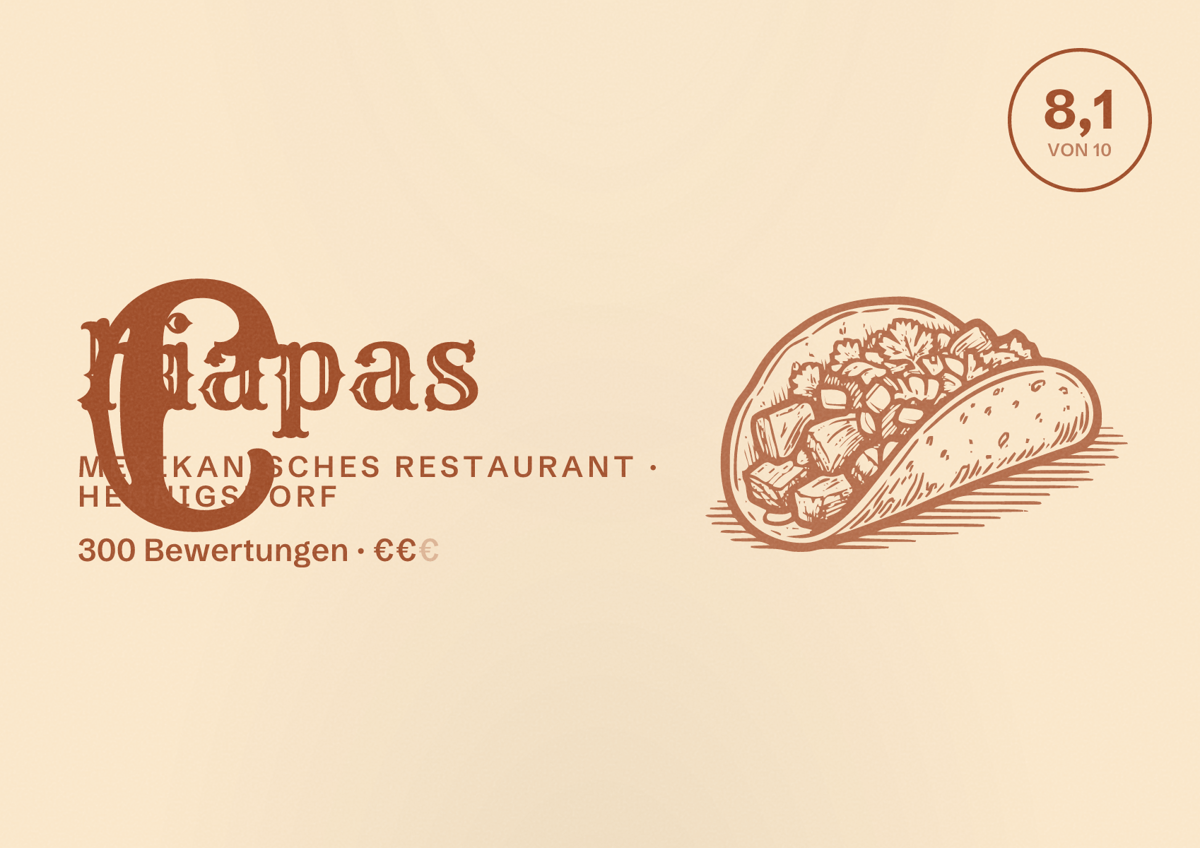 Illustriertes Poster von Chiapas, Mexikanisches Restaurant in Hennigsdorf: Bewertung 8,1 von 10 aus 300 Bewertungen, Preisniveau €€