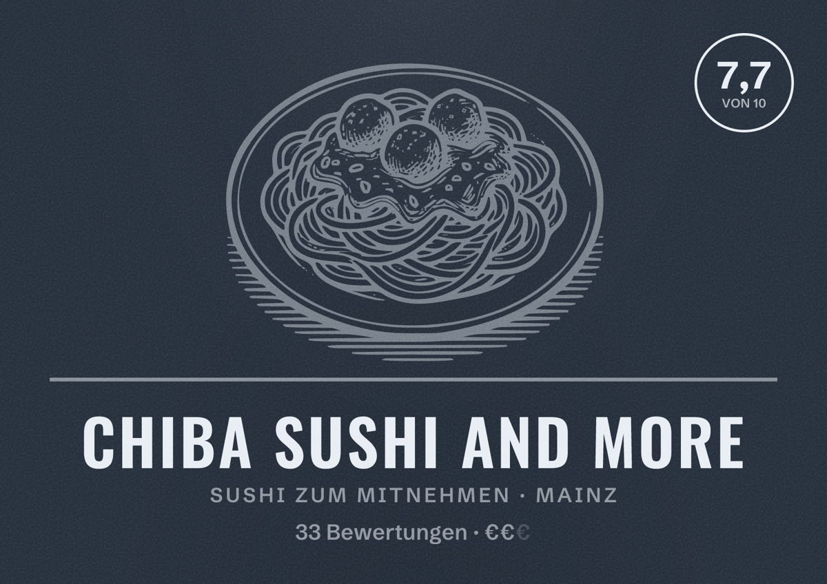 Illustriertes Poster von Chiba sushi and more, Sushi zum Mitnehmen in Mainz: Bewertung 7,7 von 10 aus 33 Bewertungen, Preisniveau €€