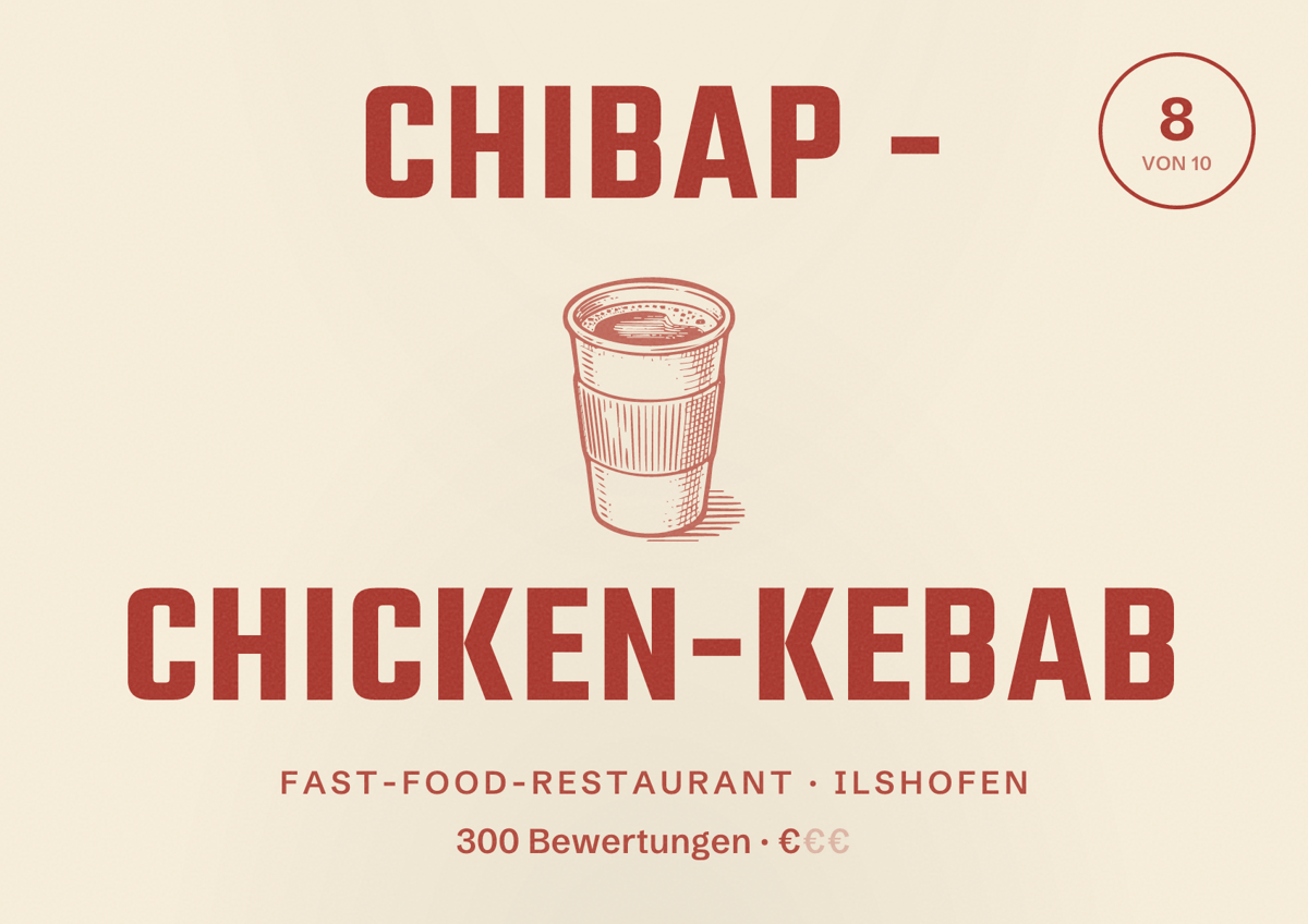 Illustriertes Poster von Chibap - Chicken-Kebab, Fast-Food-Restaurant in Ilshofen: Bewertung 8 von 10 aus 300 Bewertungen, Preisniveau €