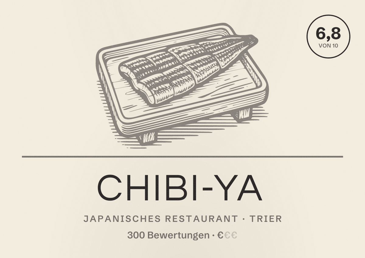 Illustriertes Poster von Chibi-ya, Japanisches Restaurant in Trier: Bewertung 6,8 von 10 aus 300 Bewertungen, Preisniveau €