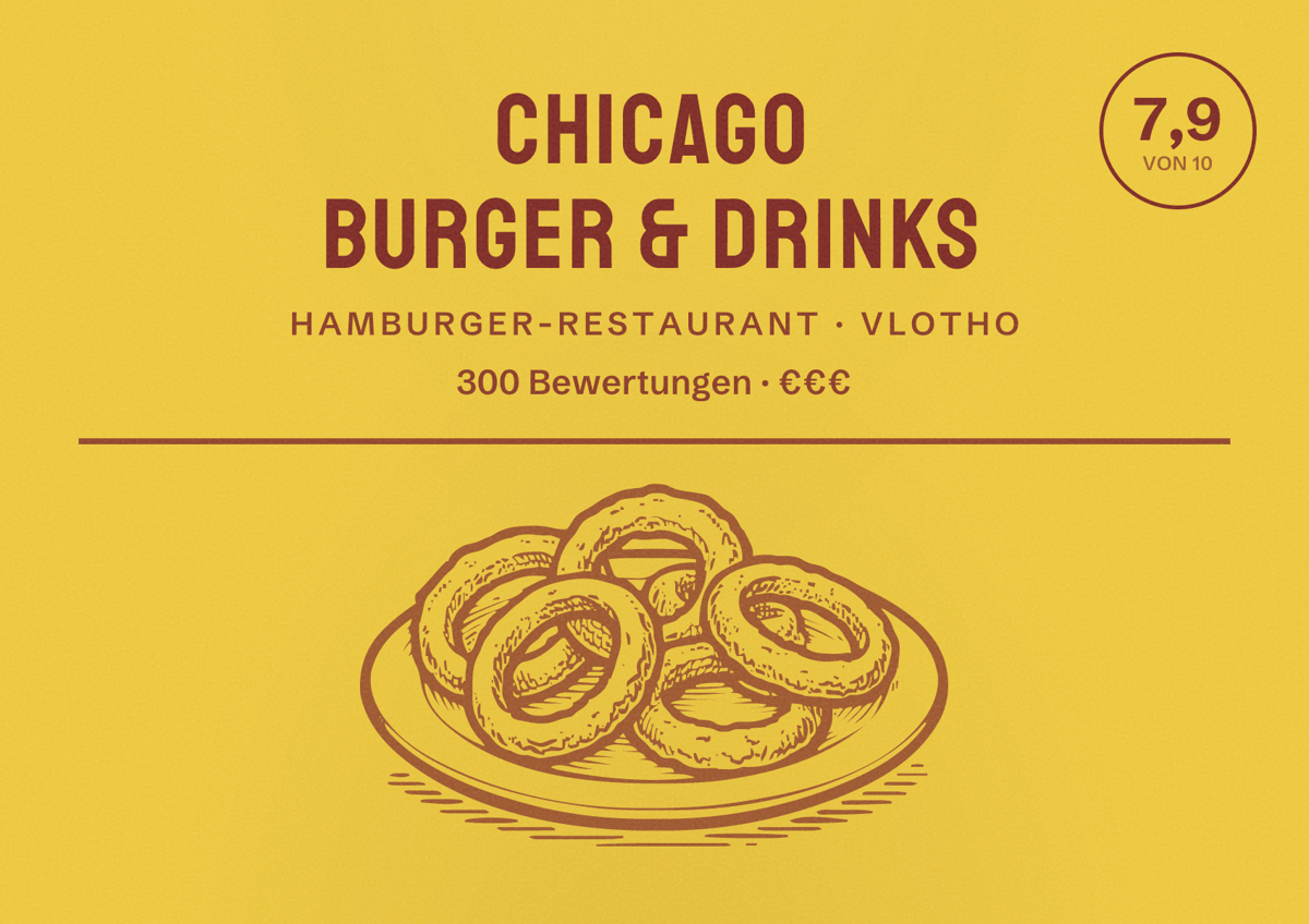 Illustriertes Poster von Chicago Burger & Drinks, Hamburger-Restaurant in Vlotho: Bewertung 7,9 von 10 aus 300 Bewertungen, Preisniveau €€€
