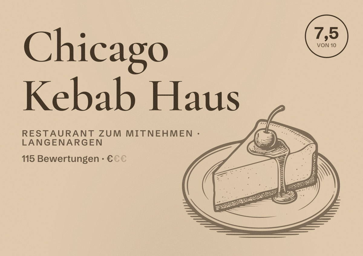Illustriertes Poster von Chicago Kebab Haus, Restaurant zum Mitnehmen in Langenargen: Bewertung 7,5 von 10 aus 115 Bewertungen, Preisniveau €