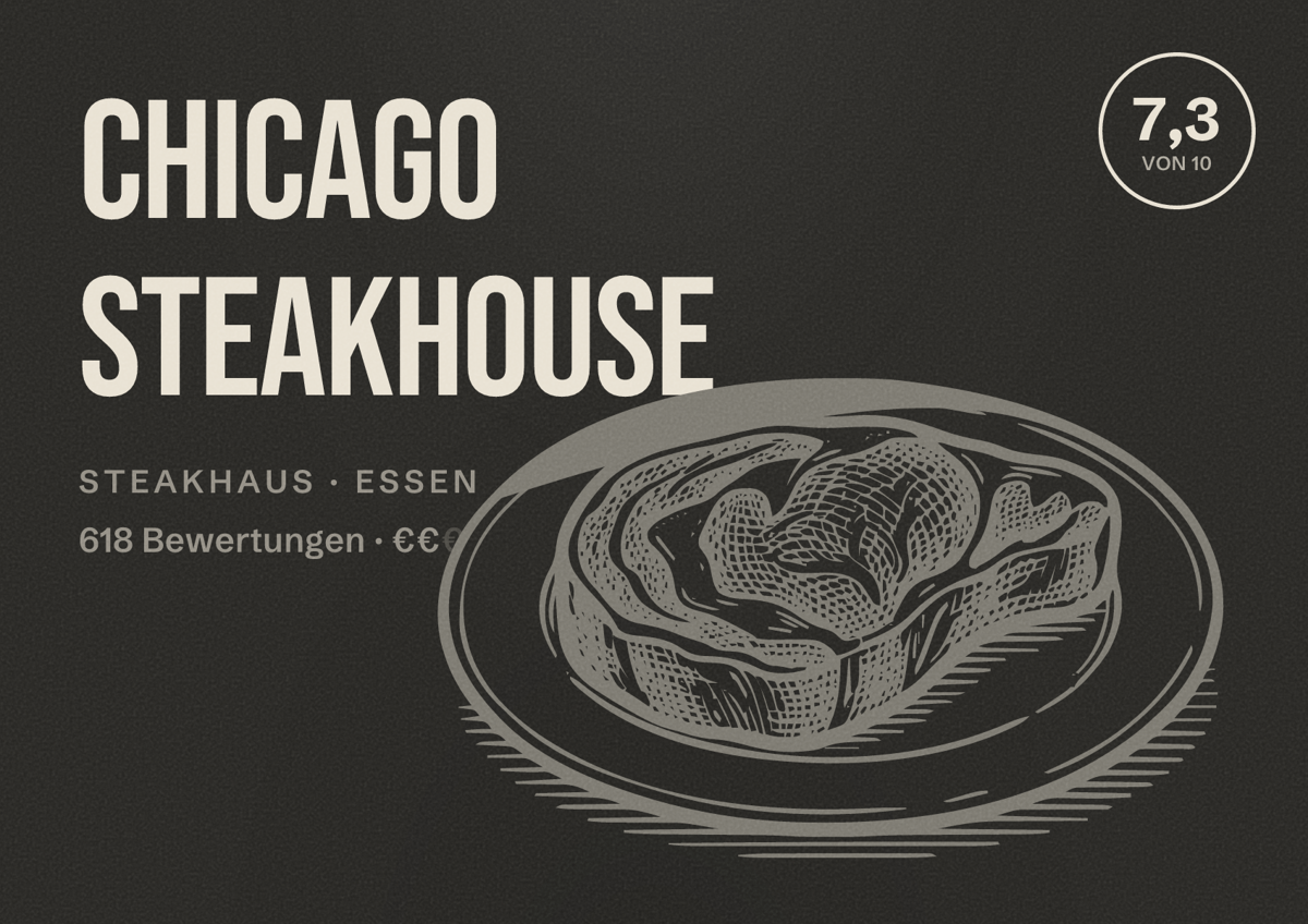 Illustriertes Poster von Chicago Steakhouse, Steakhaus in Essen: Bewertung 7,3 von 10 aus 618 Bewertungen, Preisniveau €€