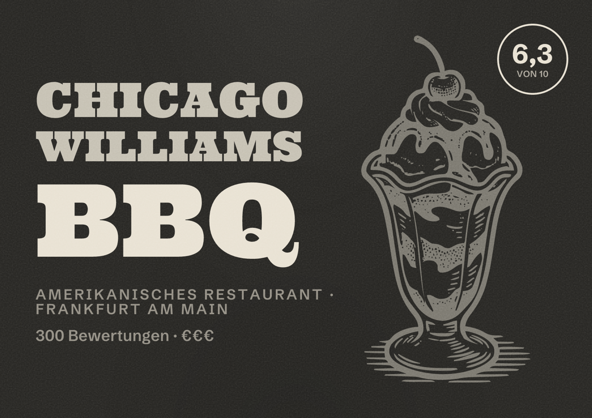 Illustriertes Poster von Chicago Williams BBQ, Amerikanisches Restaurant in Frankfurt am Main: Bewertung 6,3 von 10 aus 300 Bewertungen, Preisniveau €€€