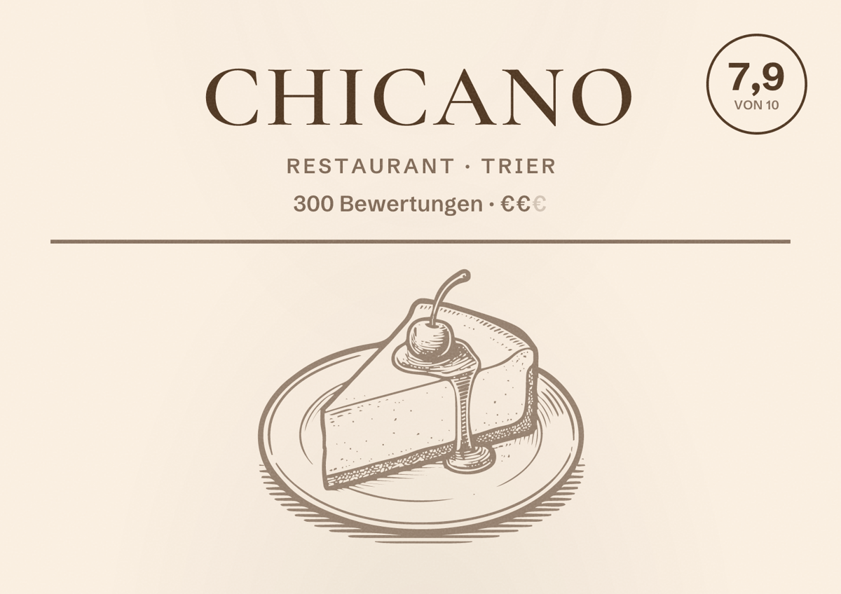 Illustriertes Poster von Chicano, Restaurant in Trier: Bewertung 7,9 von 10 aus 300 Bewertungen, Preisniveau €€