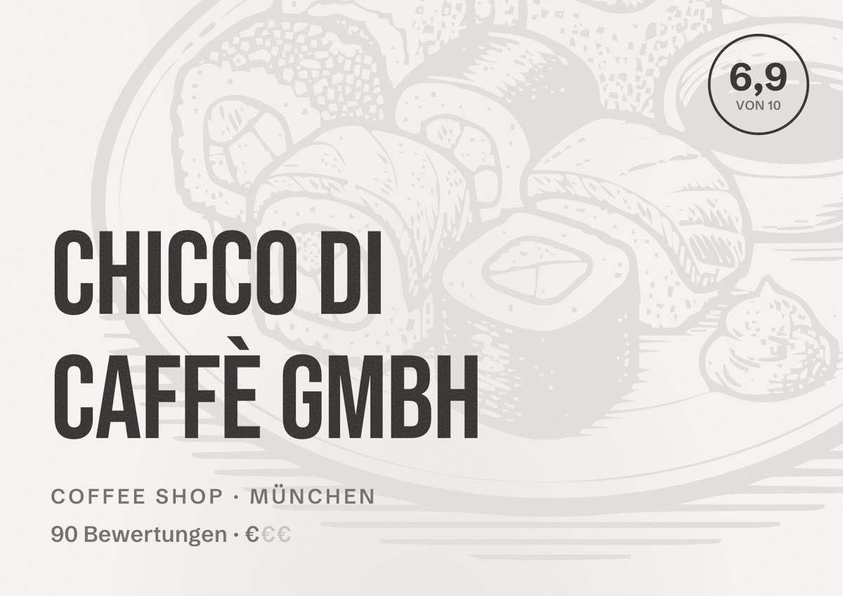 Illustriertes Poster von chicco di caffè GmbH, Coffee Shop in München: Bewertung 6,9 von 10 aus 90 Bewertungen, Preisniveau €