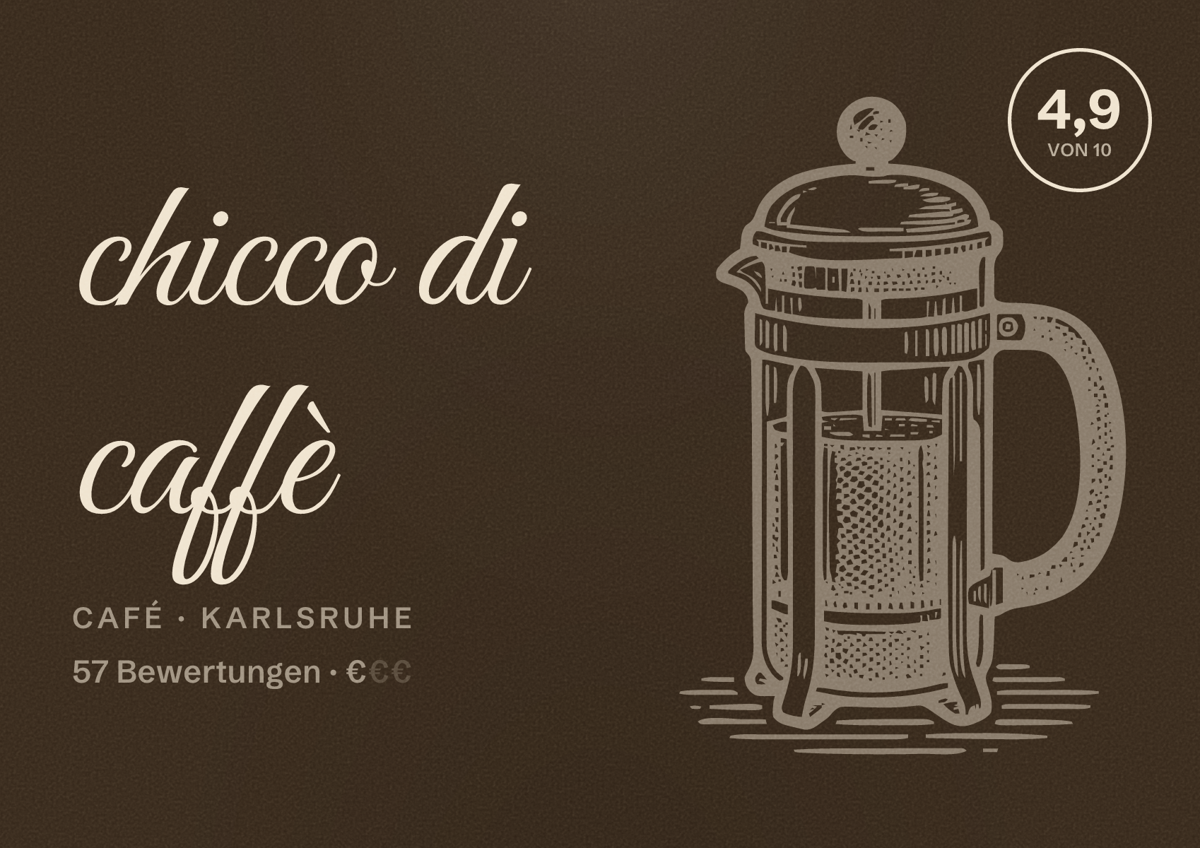 Illustriertes Poster von chicco di caffè, Café in Karlsruhe: Bewertung 4,9 von 10 aus 57 Bewertungen, Preisniveau €