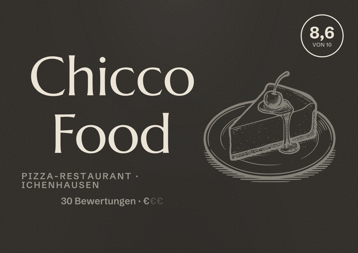 Illustriertes Poster von Chicco Food, Pizza-Restaurant in Ichenhausen: Bewertung 8,6 von 10 aus 30 Bewertungen, Preisniveau €