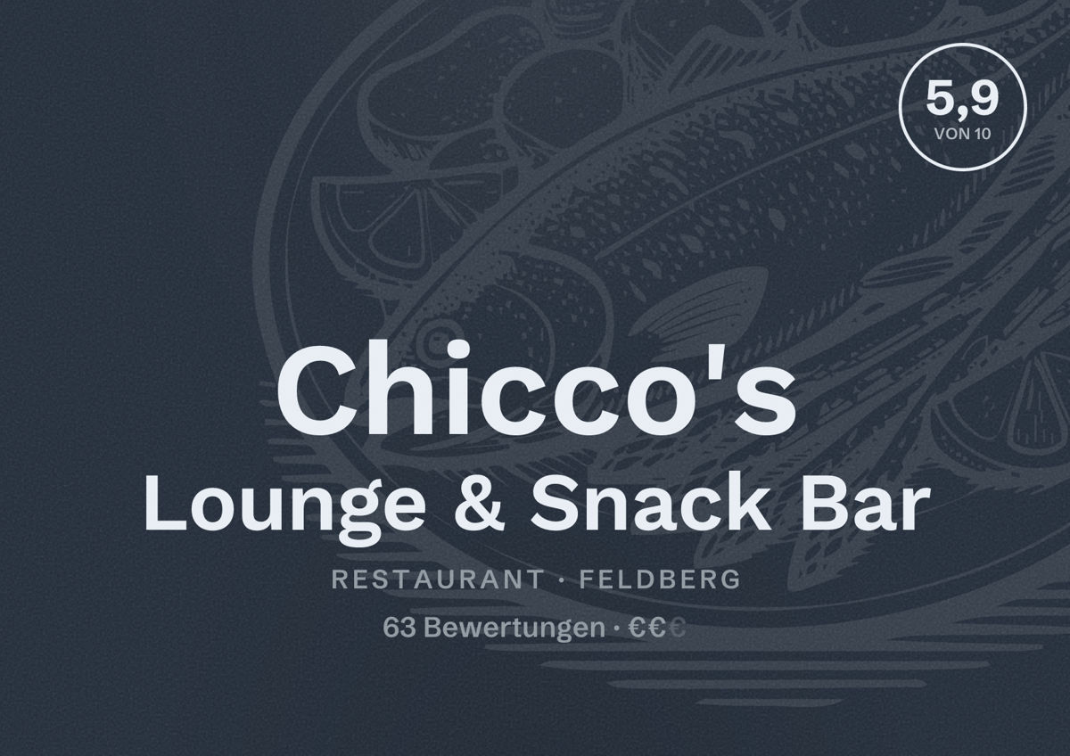 Illustriertes Poster von Chicco's Lounge & Snack Bar, Restaurant in Feldberg: Bewertung 5,9 von 10 aus 63 Bewertungen, Preisniveau €€