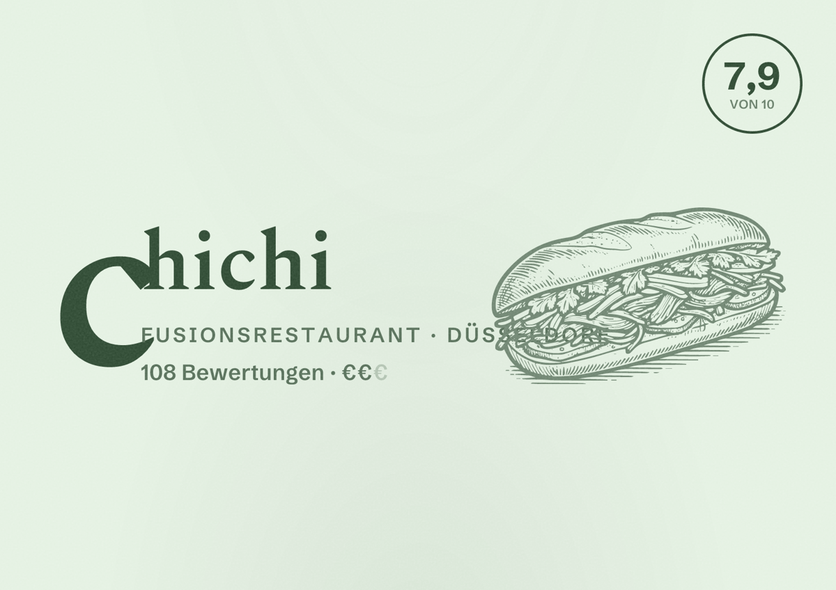 Illustriertes Poster von chichi, Fusionsrestaurant in Düsseldorf: Bewertung 7,9 von 10 aus 108 Bewertungen, Preisniveau €€