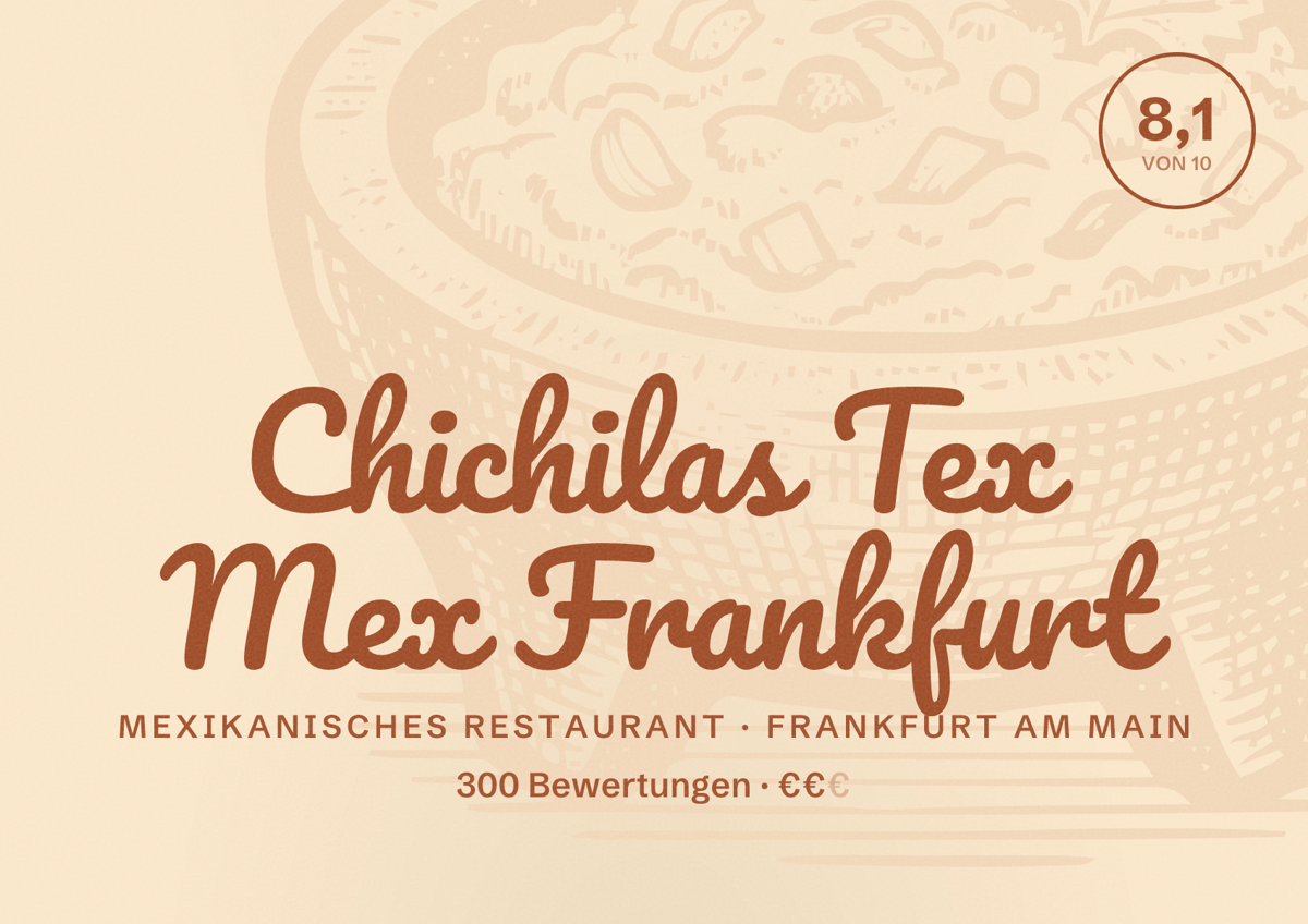 Illustriertes Poster von Chichilas Tex Mex Frankfurt, Mexikanisches Restaurant in Frankfurt am Main: Bewertung 8,1 von 10 aus 300 Bewertungen, Preisniveau €€