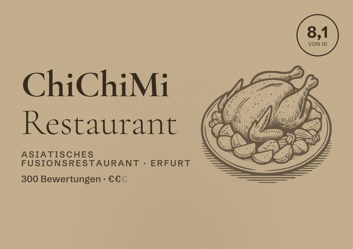 Illustriertes Poster von ChiChiMi Restaurant, Asiatisches Fusionsrestaurant in Erfurt: Bewertung 8,1 von 10 aus 300 Bewertungen, Preisniveau €€