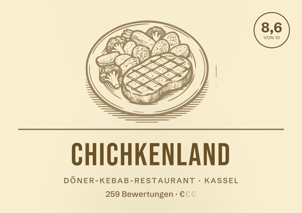 Illustriertes Poster von Chichkenland, Döner-Kebab-Restaurant in Kassel: Bewertung 8,6 von 10 aus 259 Bewertungen, Preisniveau €