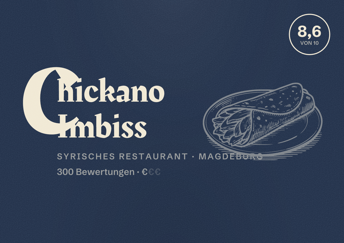 Illustriertes Poster von Chickano Imbiss, Syrisches Restaurant in Magdeburg: Bewertung 8,6 von 10 aus 300 Bewertungen, Preisniveau €