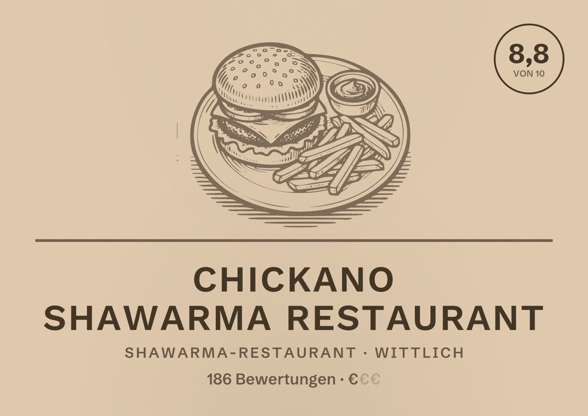 Illustriertes Poster von Chickano Shawarma Restaurant, Shawarma-Restaurant in Wittlich: Bewertung 8,8 von 10 aus 186 Bewertungen, Preisniveau €