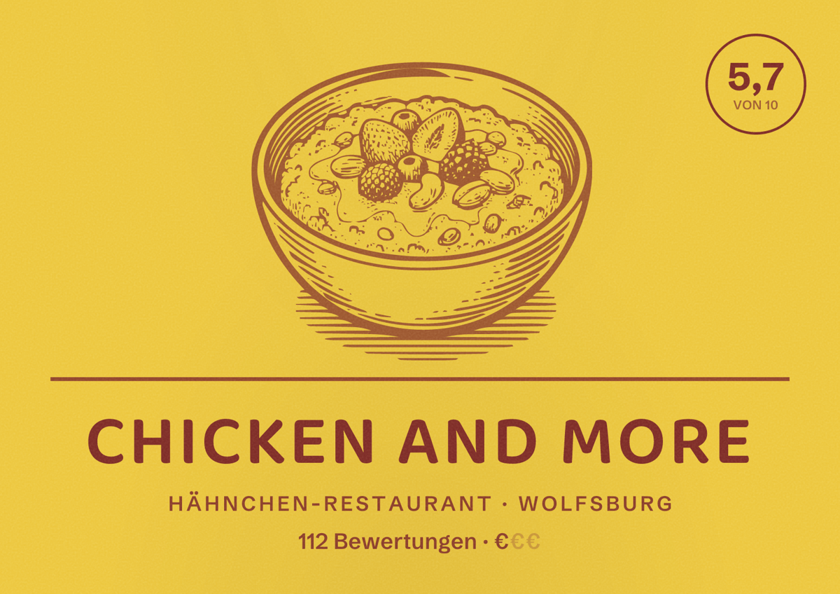 Illustriertes Poster von Chicken and More, Hähnchen-Restaurant in Wolfsburg: Bewertung 5,7 von 10 aus 112 Bewertungen, Preisniveau €