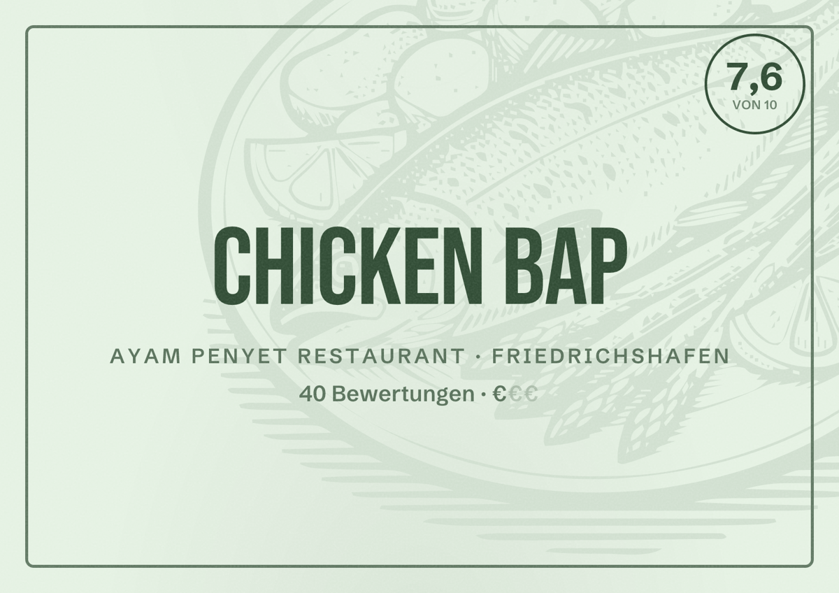 Illustriertes Poster von Chicken Bap, Ayam Penyet Restaurant in Friedrichshafen: Bewertung 7,6 von 10 aus 40 Bewertungen, Preisniveau €