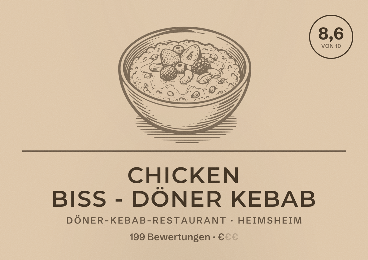 Illustriertes Poster von Chicken Biss - Döner Kebab, Döner-Kebab-Restaurant in Heimsheim: Bewertung 8,6 von 10 aus 199 Bewertungen, Preisniveau €