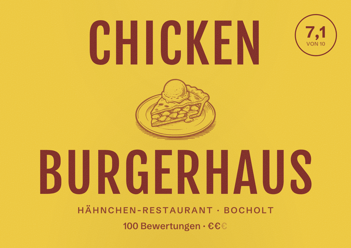 Illustriertes Poster von Chicken Burgerhaus, Hähnchen-Restaurant in Bocholt: Bewertung 7,1 von 10 aus 100 Bewertungen, Preisniveau €€