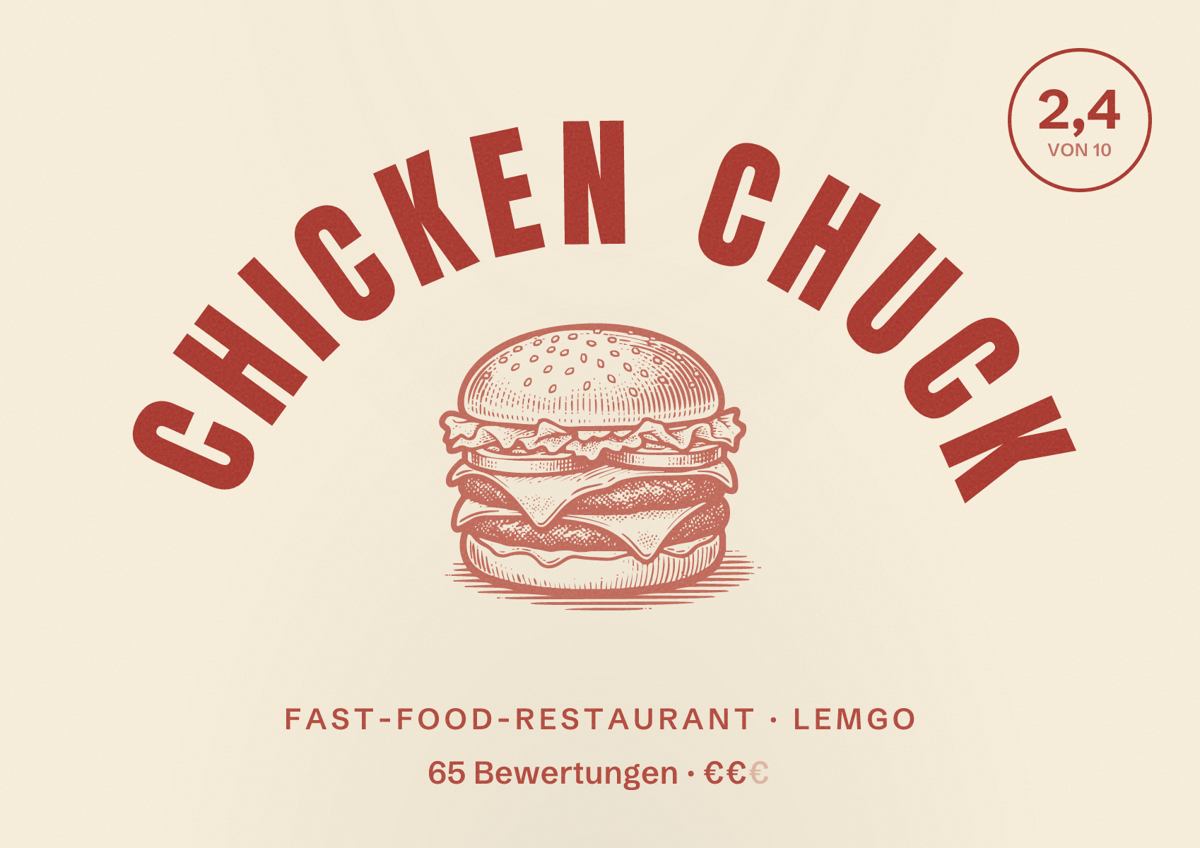 Illustriertes Poster von Chicken Chuck, Fast-Food-Restaurant in Lemgo: Bewertung 2,4 von 10 aus 65 Bewertungen, Preisniveau €€