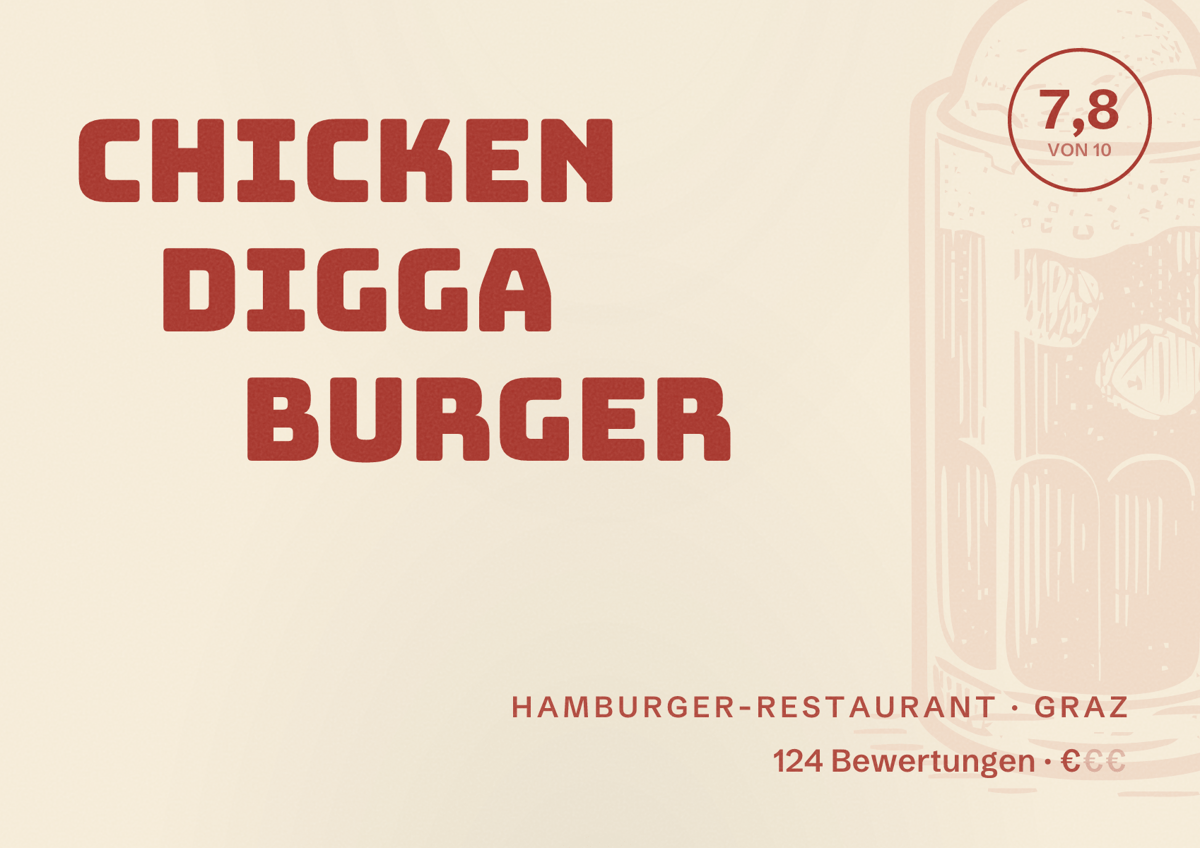 Illustriertes Poster von Chicken Digga Burger, Hamburger-Restaurant in Graz: Bewertung 7,8 von 10 aus 124 Bewertungen, Preisniveau €