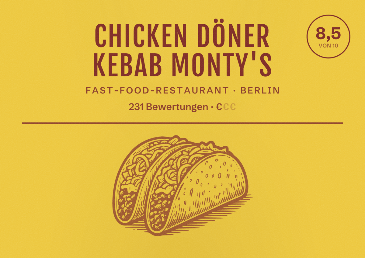 Illustriertes Poster von Chicken Döner Kebab Monty's, Fast-Food-Restaurant in Berlin: Bewertung 8,5 von 10 aus 231 Bewertungen, Preisniveau €