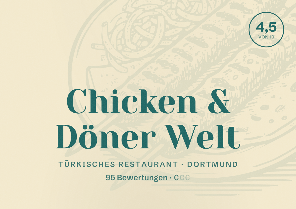 Illustriertes Poster von Chicken & Döner Welt, Türkisches Restaurant in Dortmund: Bewertung 4,5 von 10 aus 95 Bewertungen, Preisniveau €